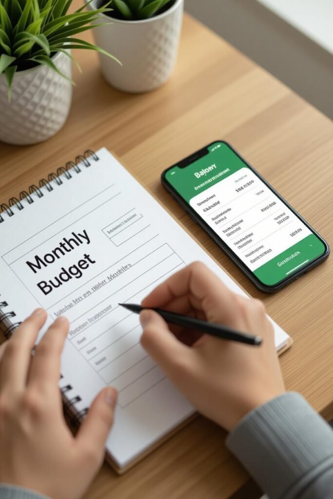 يد تكتب خطة ميزانية شهرية في دفتر ورقي بجوار هاتف يعرض تطبيق بنكي.