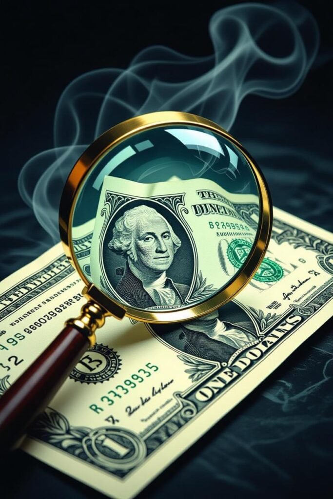 عملة ورقية تنكمش تحت عدسة مكبرة كرمز لانخفاض القوة الشرائية بسبب التضخم.