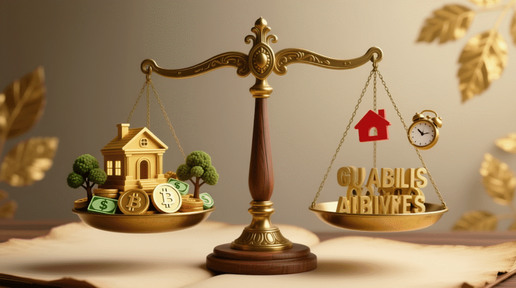 ميزان كلاسيكي يوضح كفة الأصول (بها أيقونات استثمار وعقار) أثقل من كفة الالتزامات.