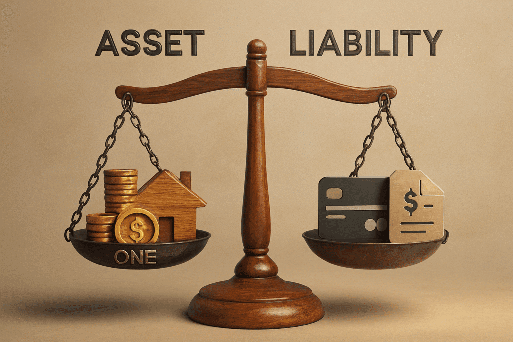 تمثيل بصري لميزان يوضح الأصول ككتلة كبيرة يتم طرح الديون منها لتحديد القيمة المتبقية.