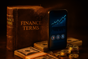 قاموس مالي قديم يتحول إلى شاشة هاتف ذكي تظهر رسوم بيانية وعملات