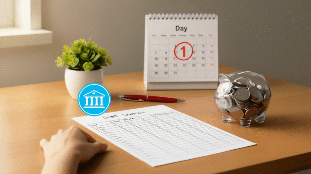 صورة بانر لسطح مكتب خشبي مضاء بضوء طبيعي دافئ، يظهر عليها ورقة تتبع ديون مكتوبة بخط اليد وقلم أحمر وحصالة نقود زجاجية وروزنامة عليها دائرة حمراء حول «اليوم 1» كبداية لتحدي 90 يومًا. تظهر أيدي شخص تكتب على الورقة.