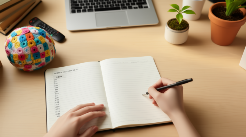 لقطة مقرّبة (Close-up) لخطة زمنية مالية على مكتب، حيث يقوم شخص بكتابة ملاحظات في دفتر تتبع الديون. تظهر في الخلفية رموز للمستقبل المالي مثل بطاقة ائتمان عليها خط أحمر (لتجنب الديون الجديدة) ونبتة صغيرة تنمو (كرمز للنمو المالي والادخار).