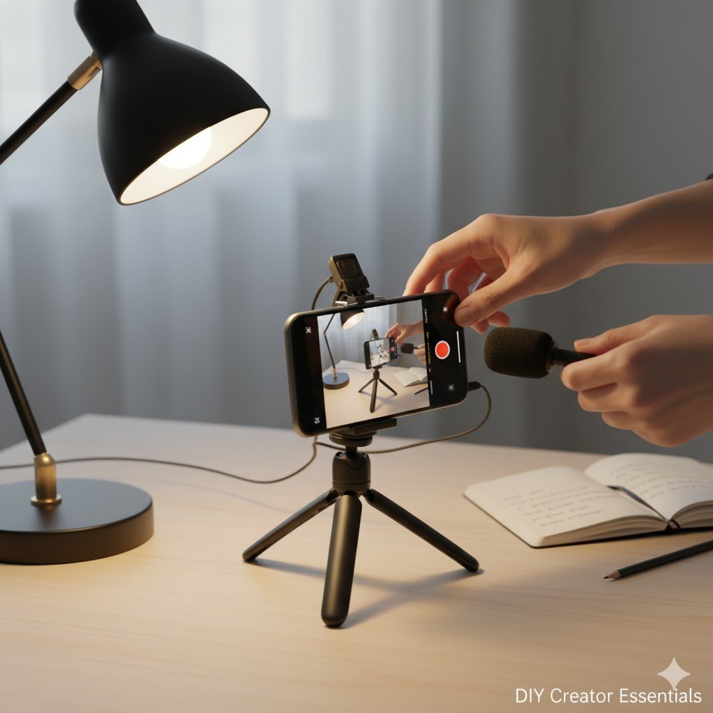 إعداد YouTube الأساسي باستخدام الهاتف الذكي ومصباح المكتب والميكروفون على المكتب.