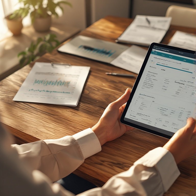 يد امرأة عربية تمسك جهاز لوحي يعرض ملخصًا عربيًا من Gemini مع تقارير مالية على المكتب.