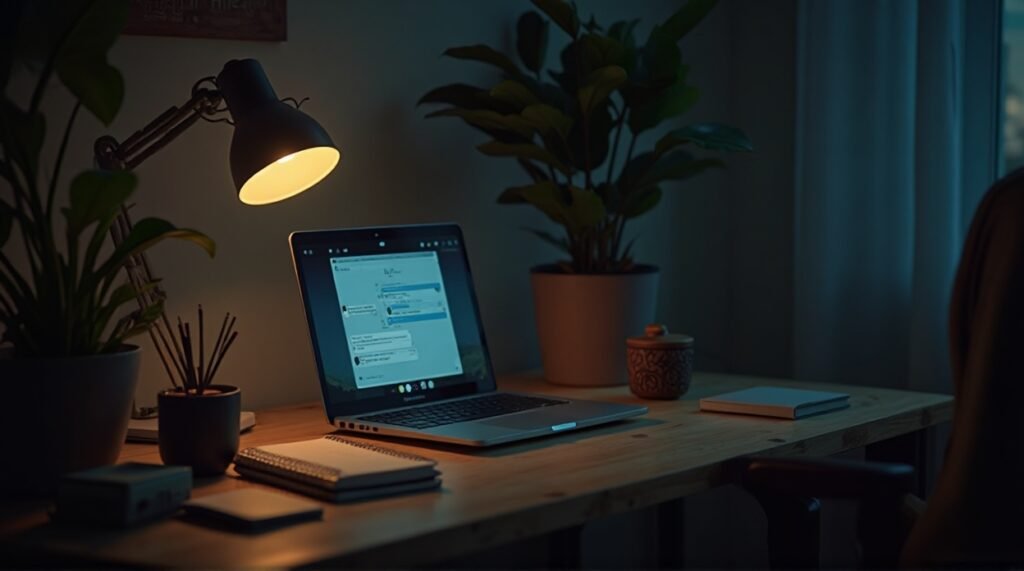 مكتب منزلي ليلي مع حاسوب يعرض ChatGPT ودفتر بخط عربي وإضاءة دافئة.