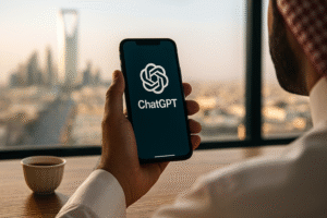 يد عربية تمسك هاتفًا يعرض واجهة ChatGPT مع خلفية ضبابية لمنظر مدينة الرياض.