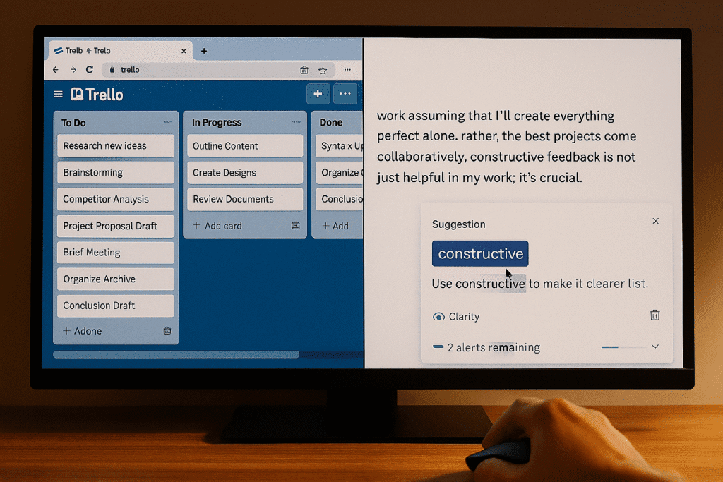 شاشة منقسمة: جهة اليسار لوحة تريللو مليئة بالبطاقات، وجهة إيران نص إنجليزي يُظهر التصحيحات النحوية باللون الأحمر الرقص، مع مؤشر ماوس متحرك تحت إضاءة مكتب مسائية.