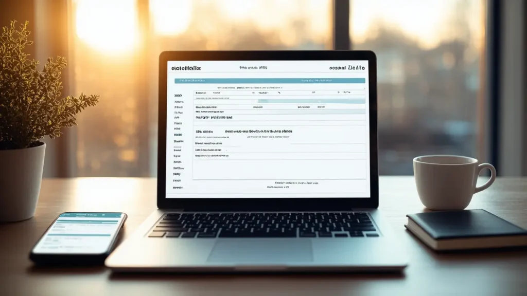لابتوب يعرض فاتورة شاملة على Fiverr Workspace، وهاتف ذكي بجانبه يُظهر تطبيق عكس الوقت، مع دفتر الملاحظات وكوب القهوة تحت إضاءة صباحية.