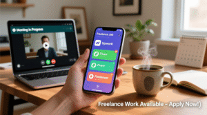 يد تتمسك هاتفًا بتطبيقات ذكية تستخدم العمل الحر، مع لابتوب مفتوح وكوب قهوة على مكتب خشبي تحت إضاءة نافذة صباحية.