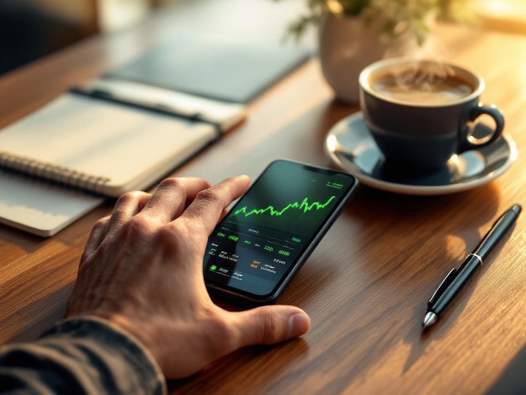 يد شاب عربي يستخدم تطبيق استثمار به مخططات بيانية تصاعدية على هاتف ذكي