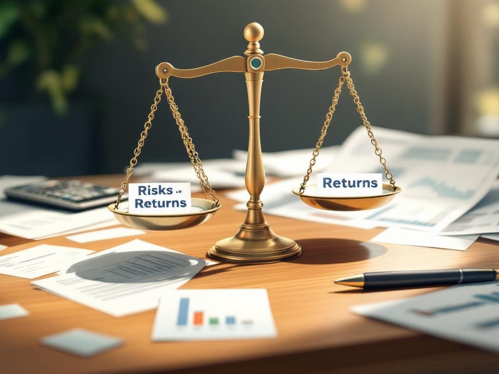 رسم توضيحي لميزان يوازن بين المخاطرة والعائد في الاستثمار.