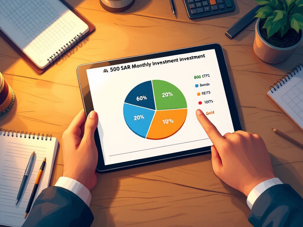 إنفوجرافيك يوضح توزيع مبلغ 500 ريال شهرياً على أصول استثمارية متنوعة (ETFs، صكوك، REITs، ذهب).