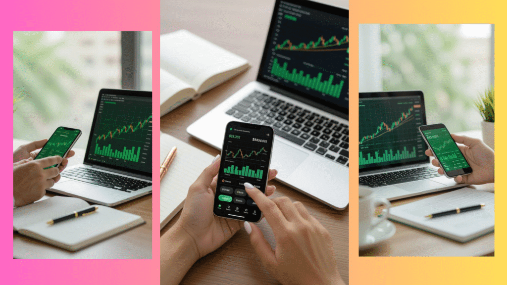 يد شابة تستخدم هاتفًا ذكيًا ولابتوب يعرضان مخططات مالية صاعدة خضراء، على مكتب خشبي به دفتر ملاحظات وقلم، يرمز للنمو المالي والدخل الرقمي