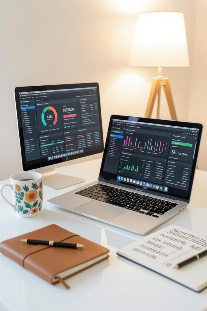 شاب عربي يجلس على مكتب حديث، يستخدم لابتوب لتصفح منصة تسويق بالعمولة، مع عرض لوحة تحكم وبرامج تسويق بالعمولة، إلى جانب دفتر ملاحظات وكوب قهوة، يرمز لبداية العمل في التسويق بالعمولة