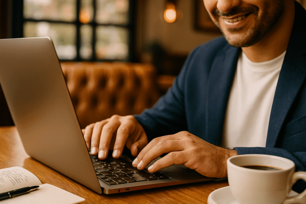 شاب عربي يجلس في مقهى أنيق، يستخدم لابتوب بابتسامة رضا، يرتدي ملابس أنيقة غير رسمية، يرمز للحرية المالية والعمل عن بعد