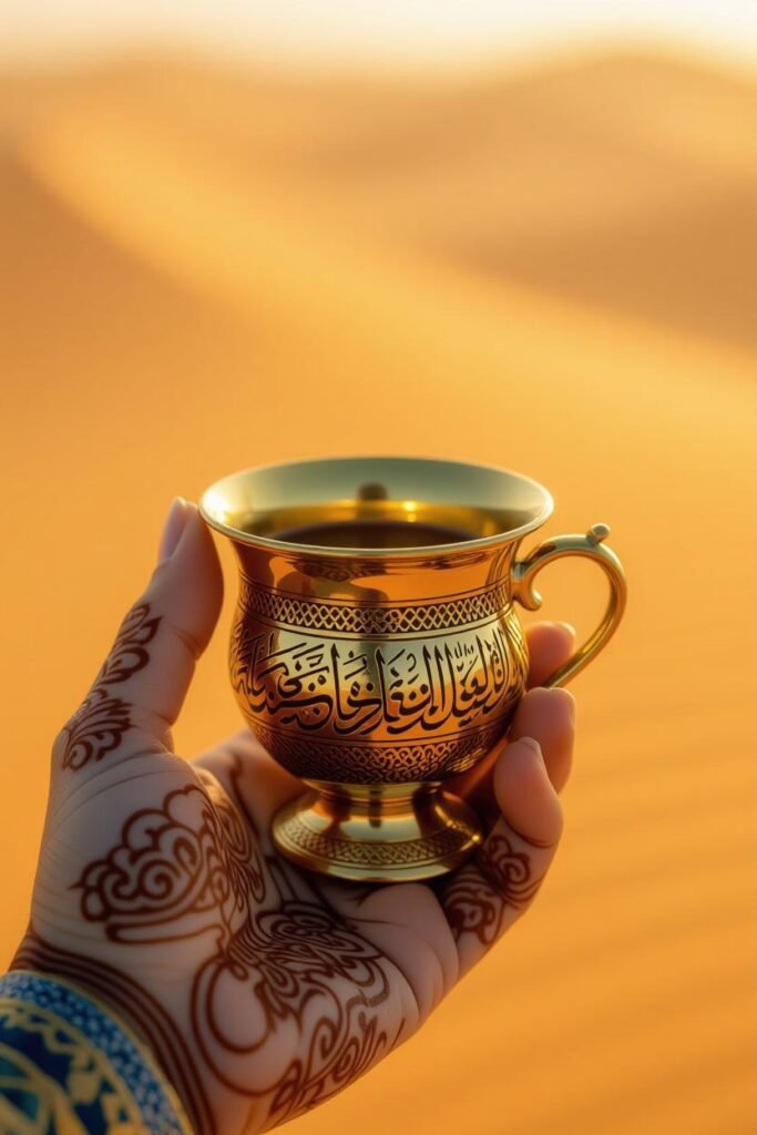لقطة مقربة لفنجان قهوة سعودي تقليدي أبيض محفور بزخارف، على رمال الصحراء.