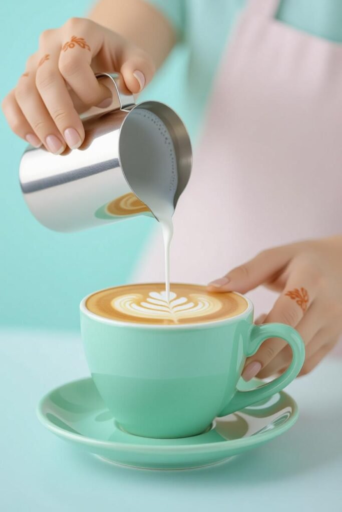 يدي بارستا تسكب فن اللاتيه (Latte Art) على شكل زهرة داخل كوب قهوة أخضر فاتح.