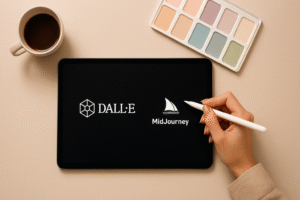 يد مصمم تمسك تابلت يعرض شعار Midjourney و DALL-E بجانب فنجان قهوة عربي.