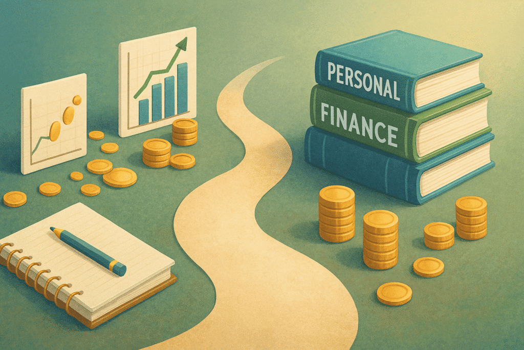 بانر واسع يظهر رحلة مالية مع مسار يؤدي إلى كتب الإدارة المالية، عملات، أسهم خضراء للأصول وحمراء للالتزامات، ومنحنى نمو الفائدة المركبة. ألوان دافئة زرقاء وخضراء، أسلوب واقعي، بدون أشخاص