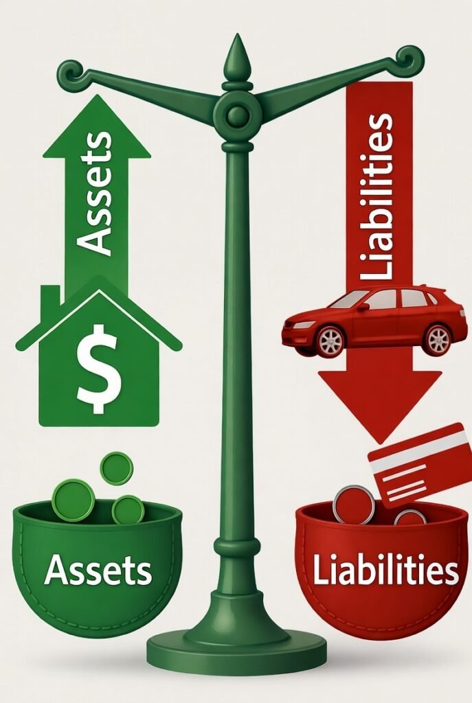 إنفوجرافيك بميزان: سهم أخضر وعملات تدفق إلى الأصول (عقار)، وسهم أحمر وعملات تخرج من الالتزامات (سيارة، بطاقة ائتمان). تباين عالي، أسلوب تعليمي