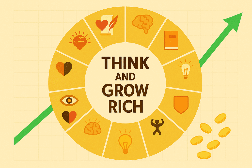 رسم بياني دائري لـ13 مبدأ من 'فكر وازداد ثراءً' (مثل قلب للرغبة، مصباح للإبداع) مع منحنى أخضر لنمو الفائدة المركبة في الخلفية. ألوان مشرقة صفراء/برتقالية وخضراء.