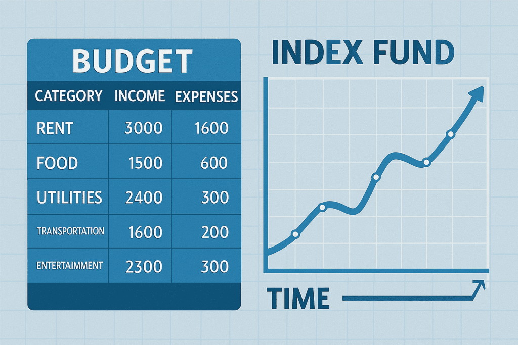إنفوجرافيك بجدول ميزانية (دخل، مصروفات، فئات) على اليسار ورسم بياني أزرق لأداء صناديق المؤشرات (زمن مقابل عوائد) على اليمين. تباين عالي، ألوان زرقاء.