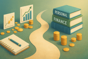 بانر واسع يظهر رحلة مالية مع مسار يؤدي إلى كتب الإدارة المالية، عملات، أسهم خضراء للأصول وحمراء للالتزامات، ومنحنى نمو الفائدة المركبة. ألوان دافئة زرقاء وخضراء، أسلوب واقعي، بدون أشخاص