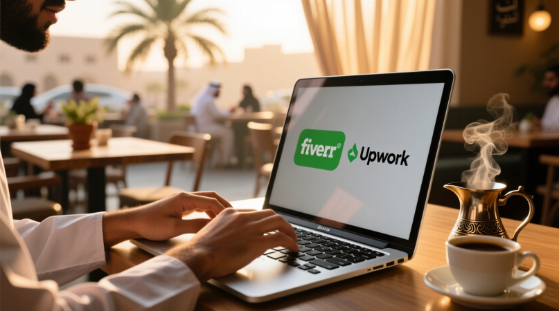 شاب عربي يعمل على لابتوب في مقهى بالرياض ويستخدم Fiverr وUpwork