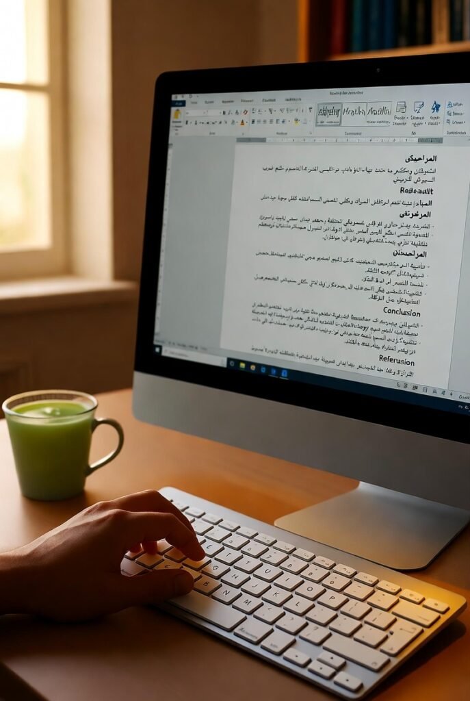 يد تكتب مقالة محسنة لـ SEO على لوحة مفاتيح مضاءة