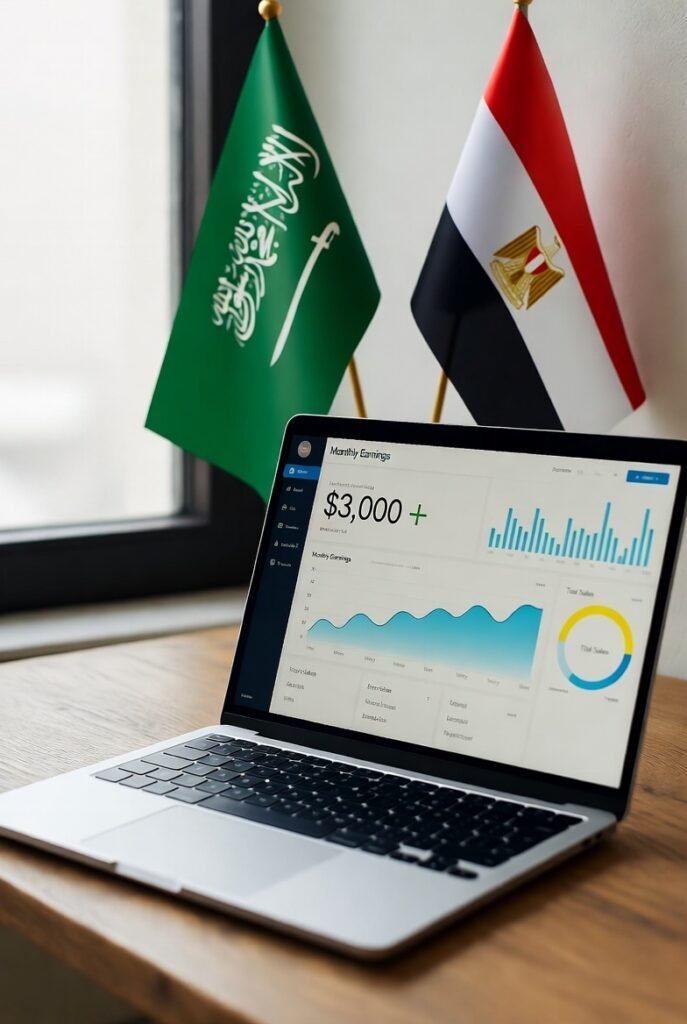 أعلام السعودية والمصرية خلف لابتوب يعرض أرباحاً شهرية 3000 دولار