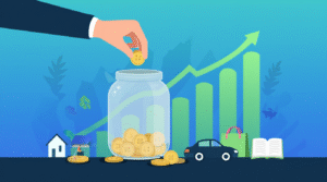 يد تضع عملات في جرة توفير مع رموز التوفير اليومي والاستقلال المالي