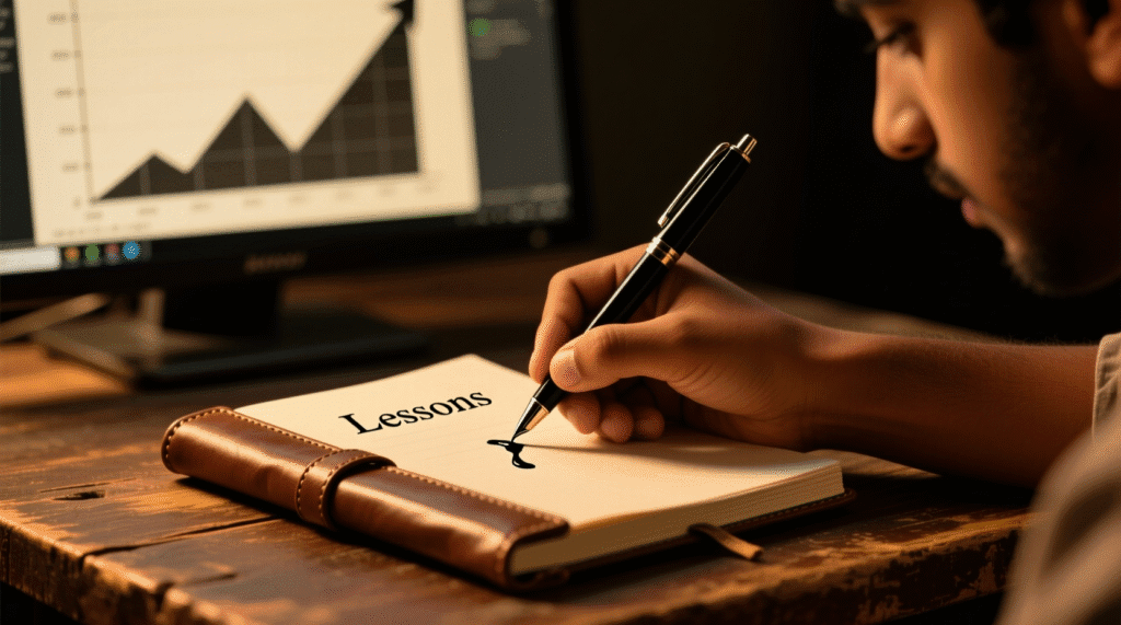 يد شاب عربي تدون دروساً من الفشل على دفتر ملاحظات، رمزاً لبدء رحلة التعلم والنجاح.