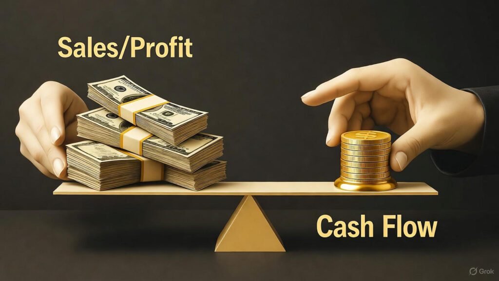 ميزان يوضح عدم توازن بين كومة كبيرة من الأوراق النقدية وكومة صغيرة من العملات، يرمز لأزمة التدفق النقدي مقابل الربح.