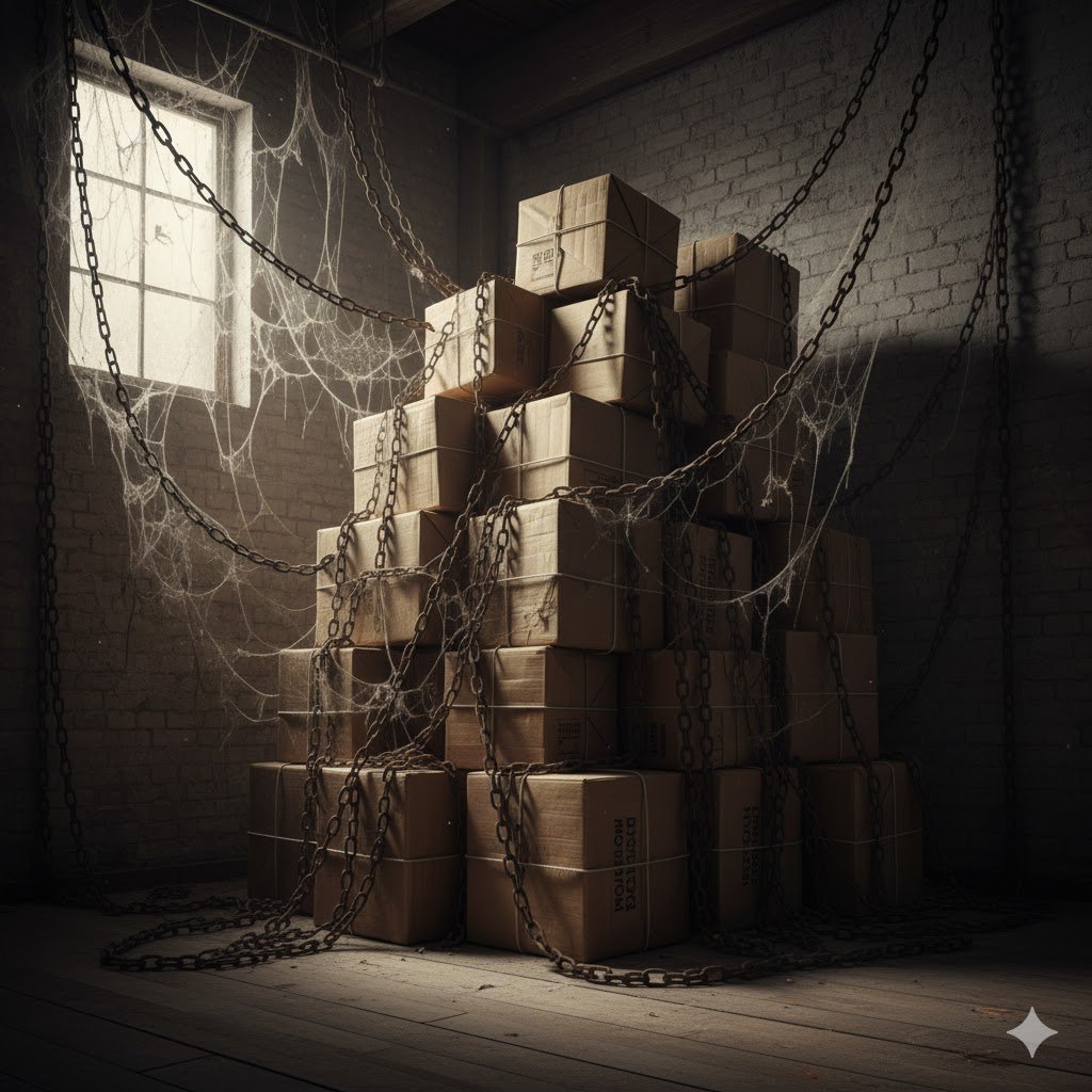 صناديق قديمة ومغبرة محاصرة بالسلاسل في مستودع، ترمز إلى المخزون الميت ورأس المال المعطَّل.