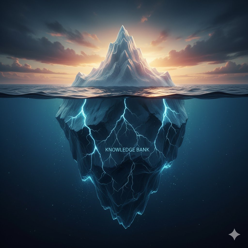 قمة جبل جليدي مضيئة فوق الماء ترمز للنجاح، والجزء المغمور المتصدع يرمز للدروس والإخفاقات المخفية.