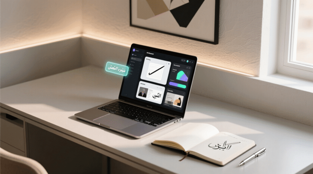 مساحة عمل عصرية تظهر واجهات أدوات الذكاء الاصطناعي للكتابة والتصميم 2026