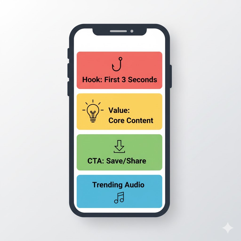 مخطط إنفوجرافيك يوضح المكونات الأساسية للريل الناجح على إنستغرام (السنارة، القيمة، الدعوة للعمل).