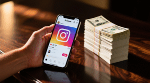 يد تحمل هاتفًا ذكيًا يعرض إنستغرام بجوار أكوام من النقود، تمثل الربح من إنستغرام للمبتدئين.