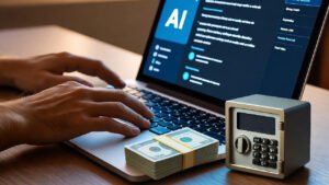 رزمة عملات بجوار حاسوب محمول يستخدم AI، ترمز إلى الربح من كتب إلكترونية بـ AI للمبتدئين.