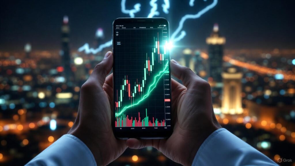 شاب عربي يستخدم تطبيق تداول العملات الرقمية في الرياض في 2026