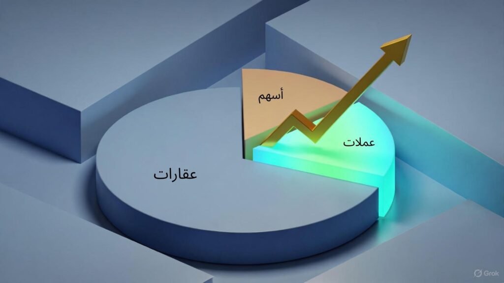 رسم بياني يوضح تنوع محفظة استثمارية بين أصول تقليدية وعملات رقمية (كريبتو) لمقاومة التضخم.