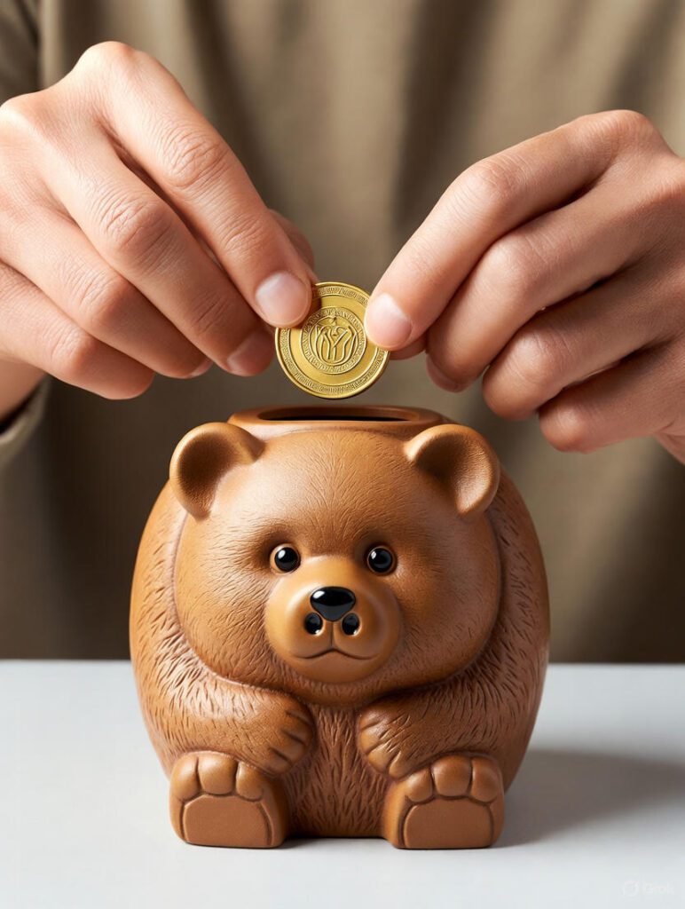 أيدي تضع عملات معدنية صغيرة في حصالة على شكل دب لتمثيل استراتيجية متوسط التكلفة بالدولار (DCA).
