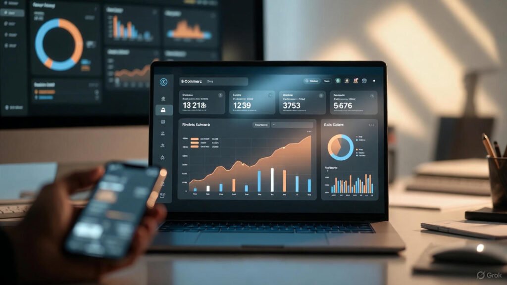 واجهة متجر إلكتروني ذكي على حاسوب محمول وهاتف ذكي.