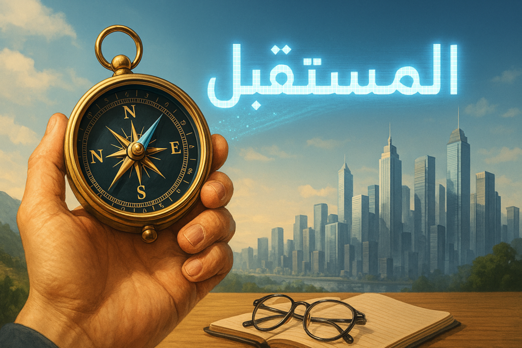 يد بشرية تحمل بوصلة ذهبية تشير نحو كلمة المستقبل الرقمي فوق مدينة ذكية.