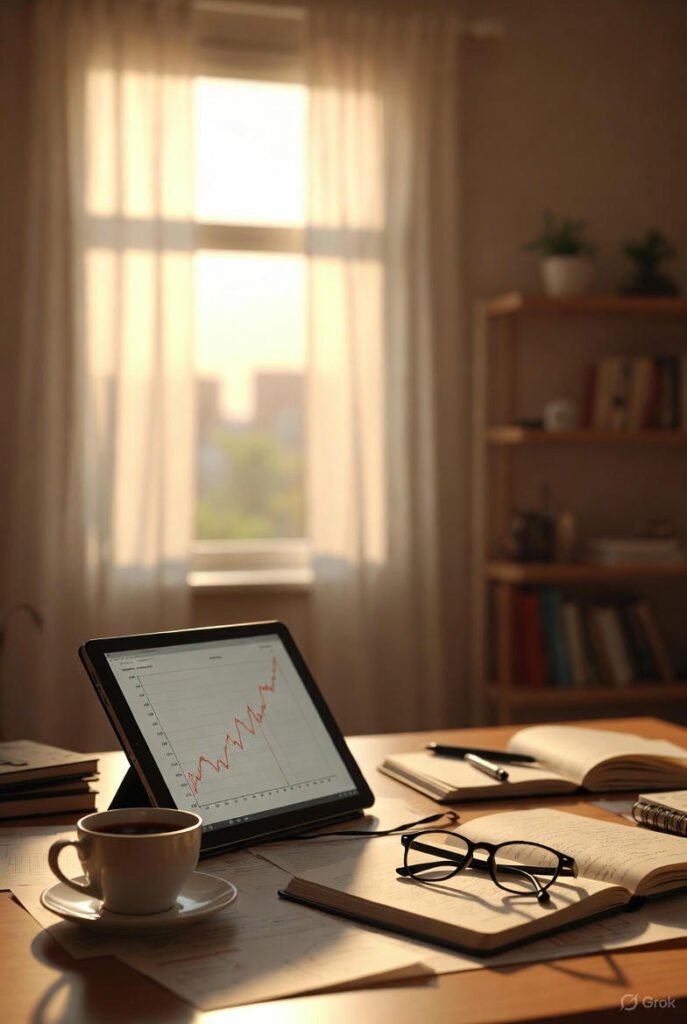 بيئة عمل منزلية مريحة تعكس financial-liberation.com والنجاح.