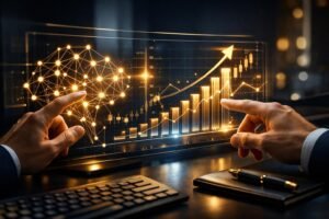 واجهة رقمية متطورة تمثل دمج الذكاء الاصطناعي في العمل المالي.