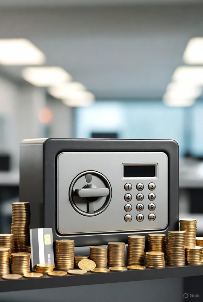 خزنة معدنية صغيرة عصرية بجانب عملات ذهبية وبطاقة بنكية