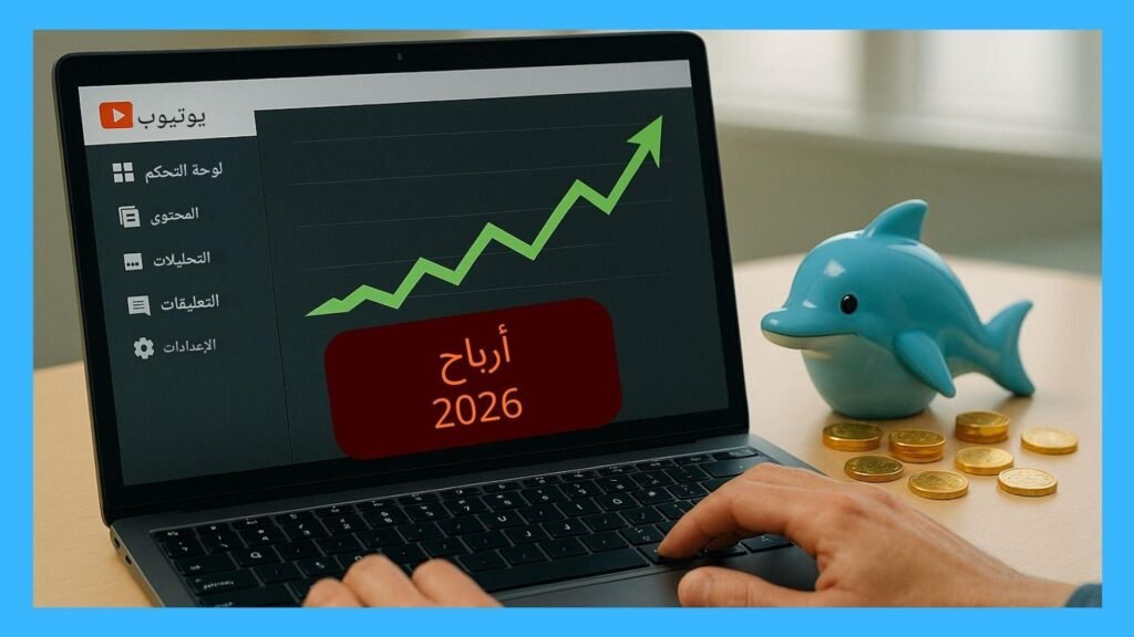 لوحة تحكم أرباح يوتيوب 2026 مع حصالة دلفين وعملات ذهبية.