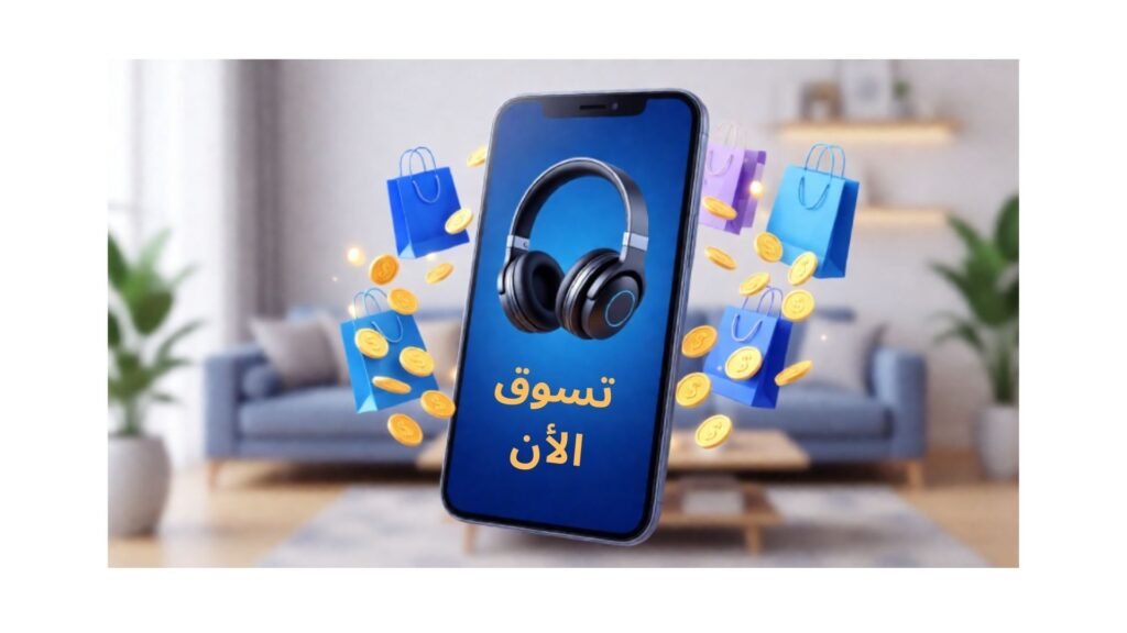 هاتف ذكي يعرض منتجاً مع رابط شراء وعمولات ذهبية.